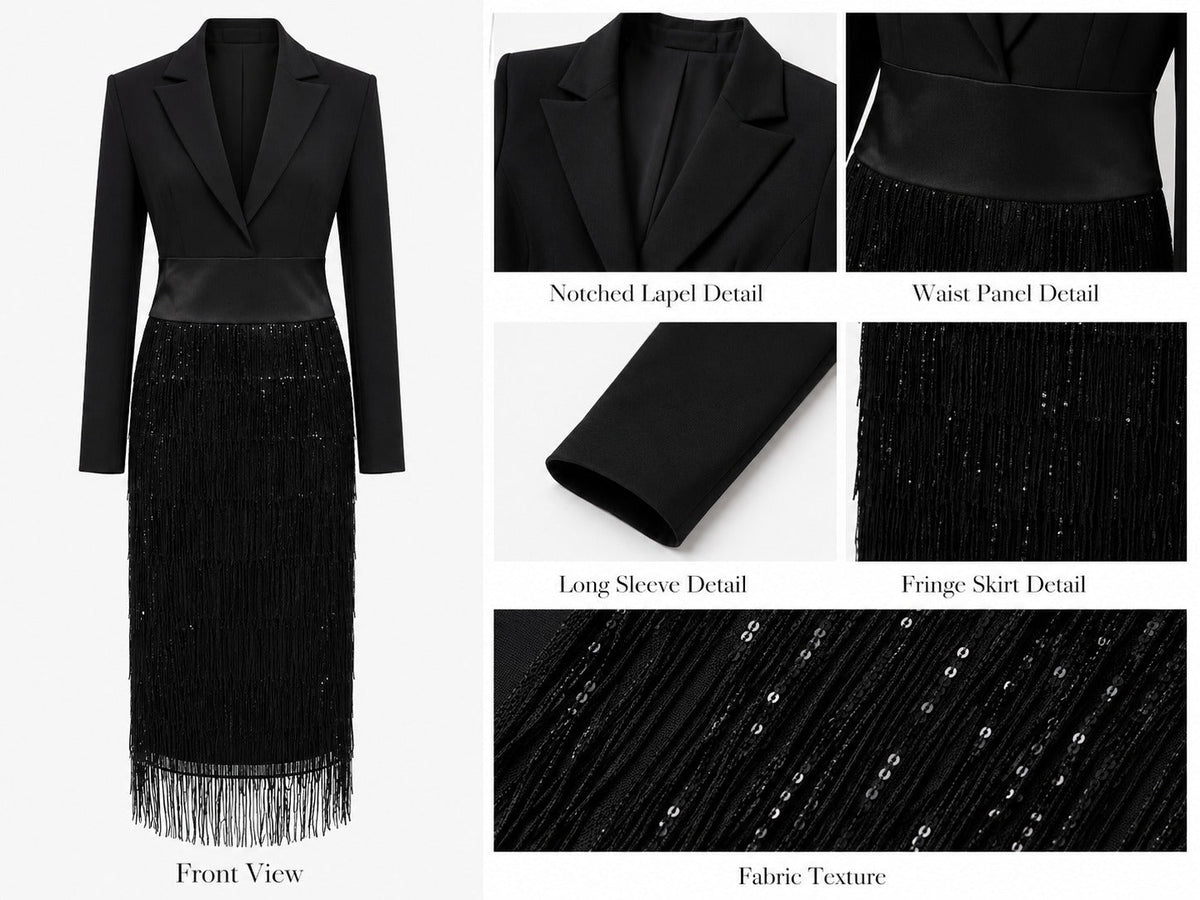 Loredana | Vestido midi tipo blazer con lentejuelas y flecos en negro